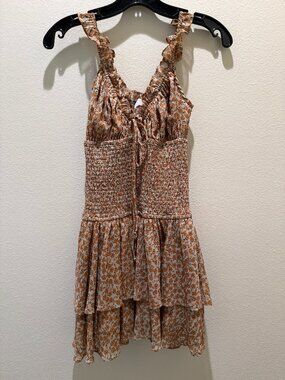 Sky to Moon Tan Floral Smocked Tiered Mini Dress Size S